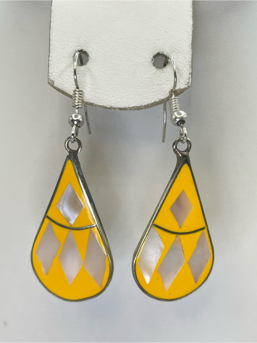 Vintage Taxco Mexico Yellow Enamel Mother of Pearl Teardrop Dangle Earrings